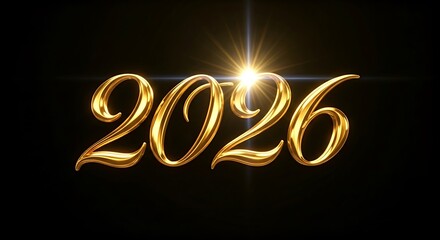 Golden 2026 text with bright light flare on black background celebratory new year concept