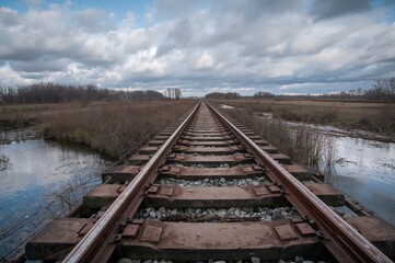 Fototapeta premium Deserted railway bridge crossing a river near a nuclear site