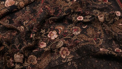 Naklejka premium Decorative embroidery floral design on dark fabric, suitable for trendy womenâ€™s fashion apparel