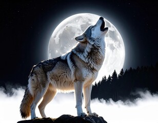 Naklejka premium Wolf howling at full moon against starry night sky with misty forest silhouette in dramatic wilderness scene