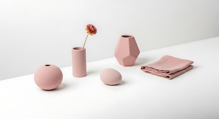 Minimalist Pink Object Arrangement: Geometric Vases, Sphere, Cloth on White