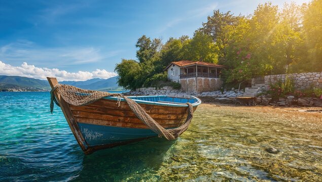 Vintage fishing boat equipped with nets for catching fish