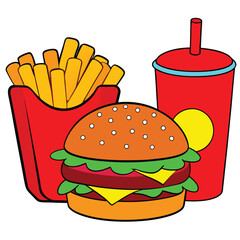 An illustration of various burger and fast-food items
