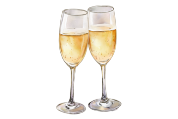 Two Champagne Glasses Clinking with Golden Bubbles, Celebration Toast Isolated on White