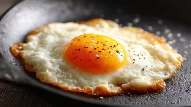 A perfectly cooked sunny side up egg is sizzling in a cast iron skillet. The bright yolk and crispy edges are highlighted against a warm wooden background.
