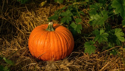 Fototapeta premium Close-up of a pumpkin resting on straw during the autumn festival in a pumpkin field