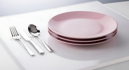 Stack of Light Pink Dinner Plates with Silverware on Bright Surface