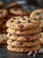 Stack of four chocolate chip cookies with more cookies blurred in the background