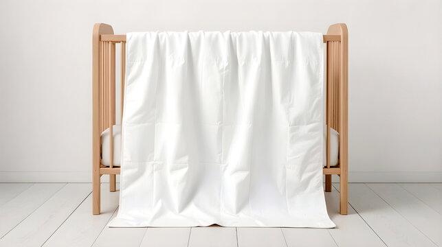 Minimalistic baby crib with soft white blanket hanging over wooden rails, cozy Scandinavian nursery interior, clean neutral background, natural daylight, mockup for baby bedding design