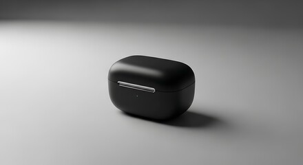 Sleek Black Wireless Earbuds Case with Metallic Accent in Soft Studio Lighting