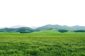 Vast empty summer spring landscape with mountain range in the distant horizon isolated on transparent background.