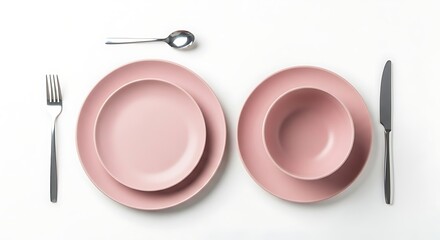 Modern Pink Dinnerware Overhead Shot Flat Lay Food Arrangement with Utensils Isolated on White