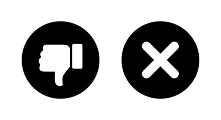 Dislike and cancel icon in black circle. Thumbs down and cross symbol. Negative feedback and rejection sign