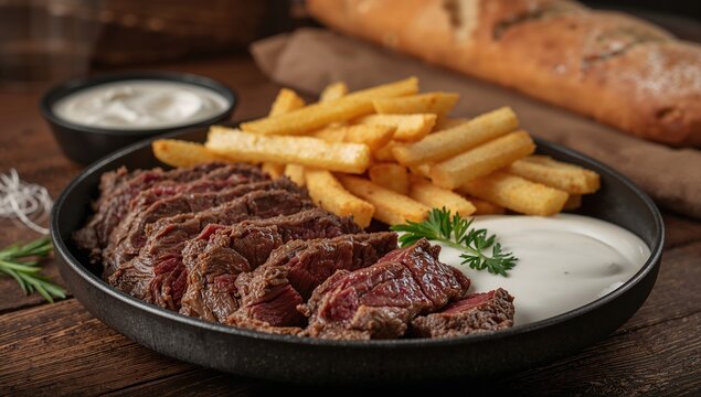 Traditional Turkish meal featuring beef slices, fries, and yogurt