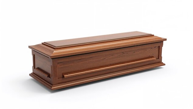 Wooden coffin displayed on a plain white backdrop.
