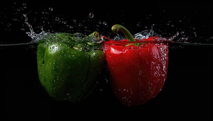Fresh green and red bell peppers splashing in water, perfect for a healthy snack