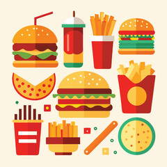 An illustration of various burger and fast-food items