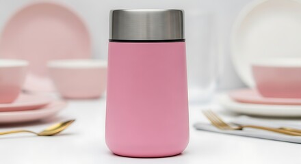 Pink Tumbler Isolated on White Surrounded by Pastel Dinnerware