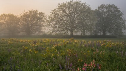 Fog enveloping a lively countryside scene