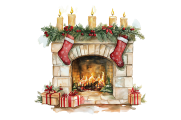 Watercolor Christmas fireplace decorated with pine garlands, glowing candles, hanging stockings, and wrapped presents beneath, warm festive light and soft shadows, isolated on Transparent background
