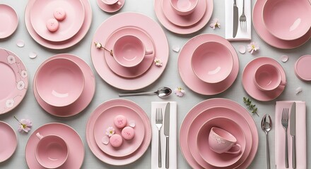 Elegant Pink Dinnerware Collection Styled on Gray Background, Close-Up View