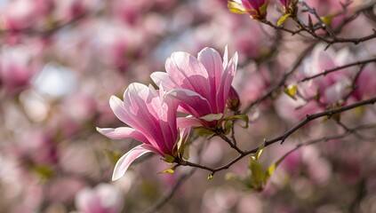 Magnolia blossoms with bokeh background, ideal for editorial headers