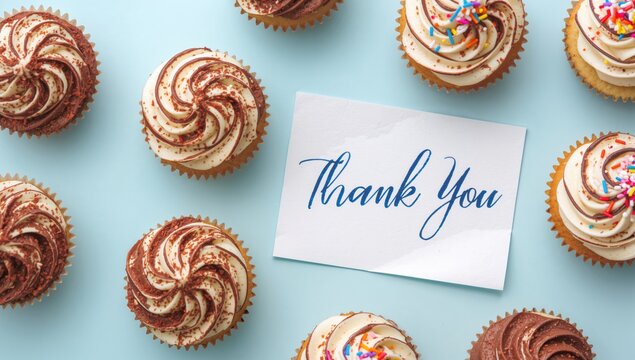 Delicious cupcakes accompanied by a thank you note on a pale blue backdrop