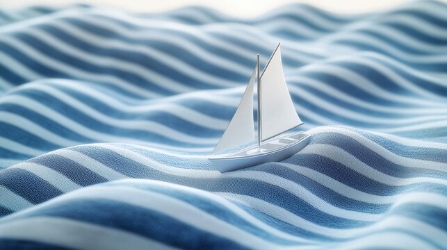 Sailboat on a Sky-Blue Striped Towel Sea