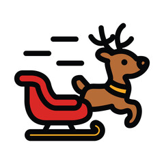 Reindeer pulling red sleigh, floating through the air. Festive holiday design suitable for christmas cards, winter themed advertisements, and childrens books.