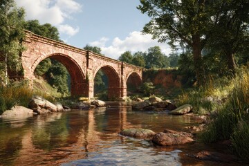 Fototapeta premium rust red brick arch bridge over calm river