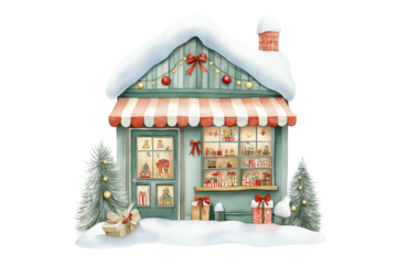 Watercolor Christmas toy shop illustration decoration storefront isolated on white background.