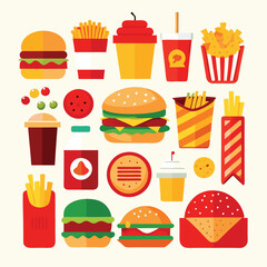 An illustration of various burger and fast-food items