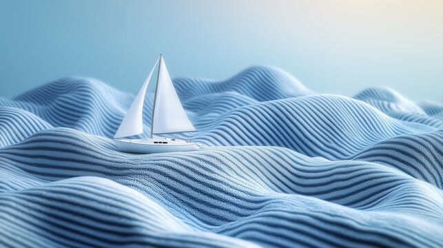 Sailboat on a Sky-Blue Striped Towel Sea
