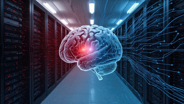 Spinning human brain with microchip links above a data center environment, symbolizing medical study and corporate data management technology - Powered by Adobe