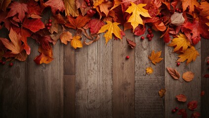 Obraz premium Autumn leaves scattered on a wooden surface, seasonal change