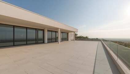 Obraz premium Expansive and vacant terrace of a contemporary villa, potential for outdoor gatherings