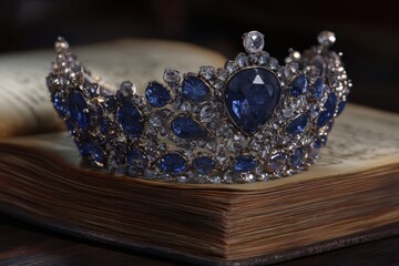 Obraz premium Sapphire-Studded Crown on Velvet Book