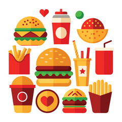 An illustration of various burger and fast-food items