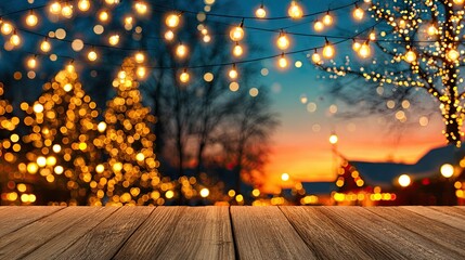 Scandinavian Christmas Flat Lay A beautiful evening scene with twinkling lights and trees during sunset.