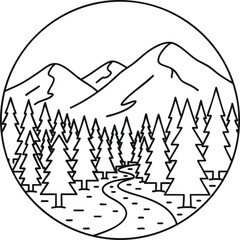 Naklejka premium Line art illustration of a mountain landscape with a glacier, river and its reflection inside a circle
