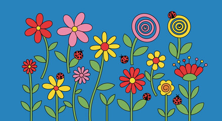 Whimsical floral meadow with ladybugs a playful garden scene evokes childlike joy and nature's charm