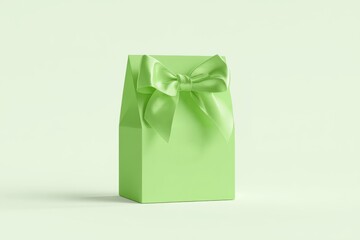 Green gift box with satin ribbon bow on pastel green background. Studio photo with soft lighting. Celebration and holiday packaging concept. 
