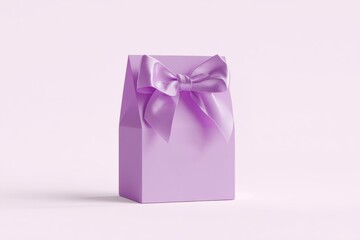 Violet gift box with satin ribbon bow on pastel violet background. Studio photo with soft lighting. Celebration and holiday packaging concept. 