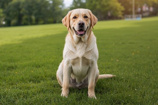 Labrador Retriever dog sitting attractively on lush green lawn.