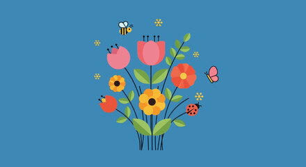 Stylized spring bouquet with cheerful insect companions on sky blue backdrop