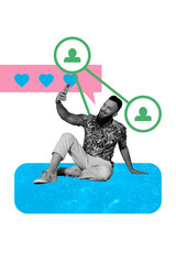 Vertical poster collage young profile blogger social media network smartphone selfie take photo...