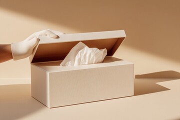 Hand opening rectangular beige tissue box with textured surface in natural sunlight on neutral background. Studio photo with soft shadows. Hygiene and household product concept. 