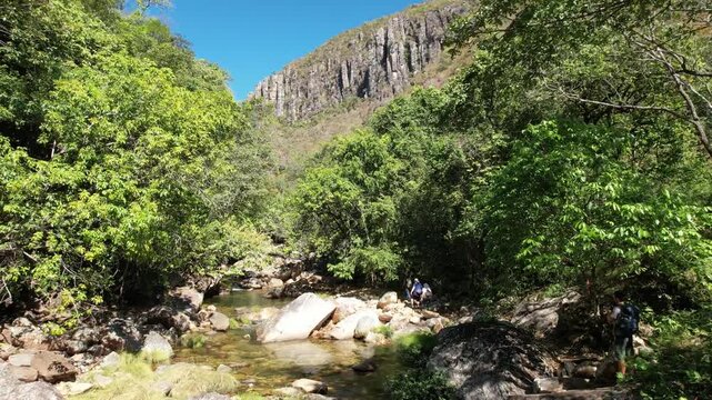 canyons and valley Guardian waterfall,  Vao do Moleque community in Chapada dos Veadeiros,  blue water, sunny day, incredible landscape