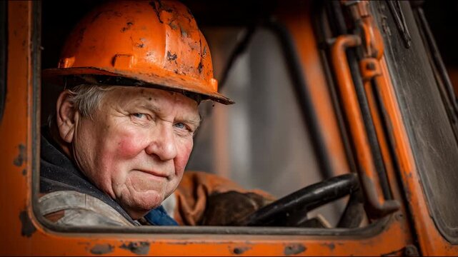 Orange helmet worker portrait elderly male driver cab with worn protective gear, weathered construction worker orange hard hat and jacket sitting