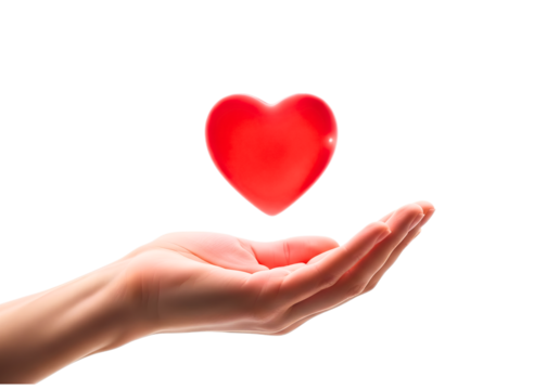 Hand holding a red heart isolated on transparent background, love concept